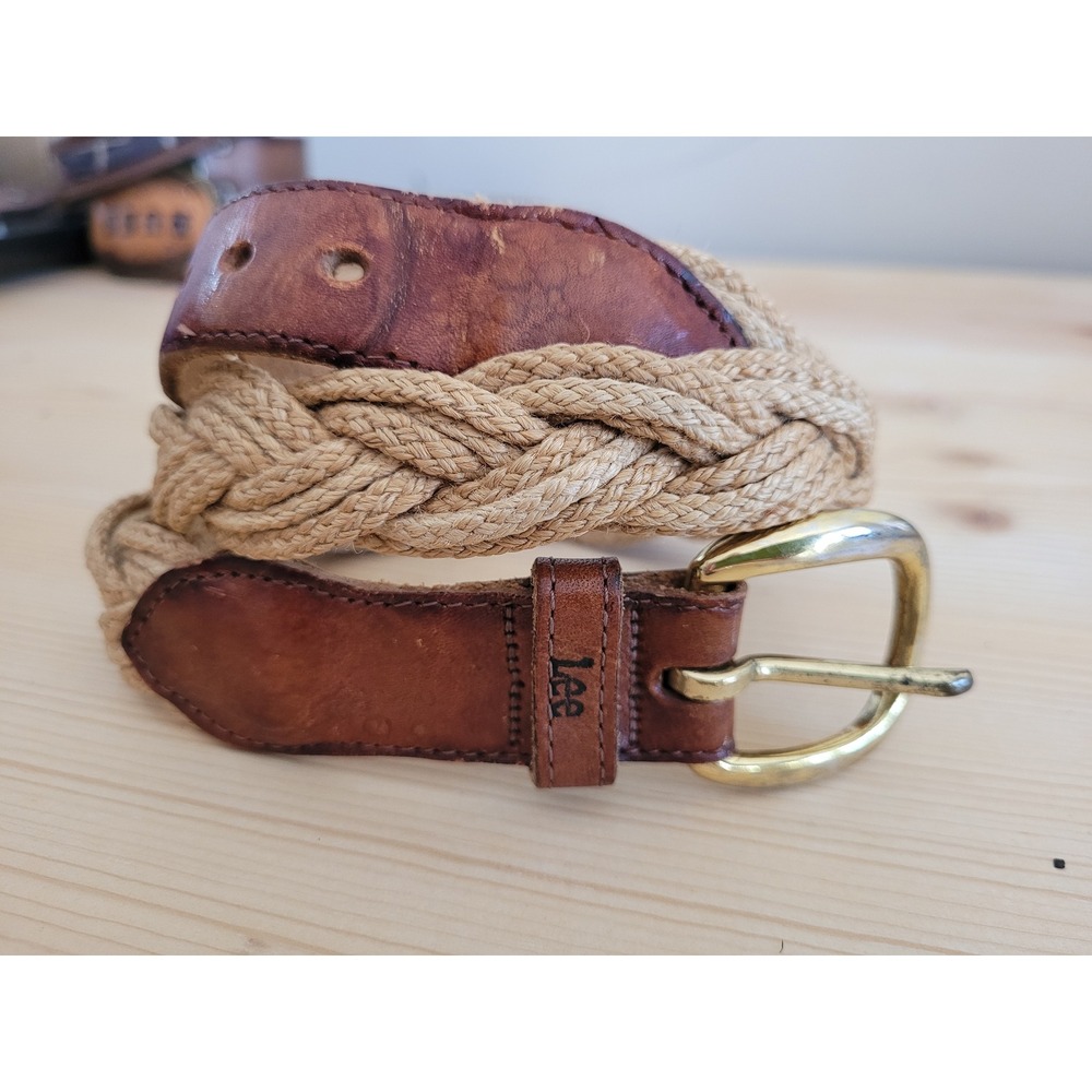 Lee Vintage Braided Jute Leather Belt Womens Brown Tan Boho Western Brass Buckle